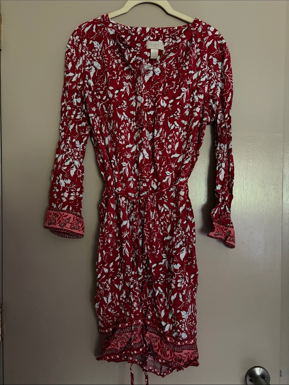 LOFT Red and White Floral Tie-Waist Long Sleeve Dress